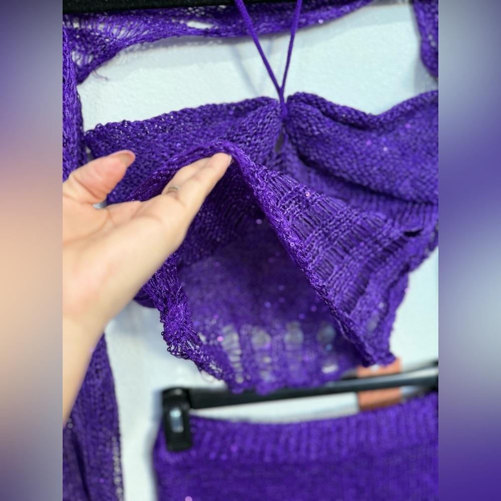 Fairy core 3PC Purple Crochet Set M Festival W Y2K Distressed Crop Top Skirt - Picture 8 of 13